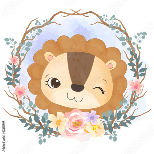 cute lion illustration in watercolor effect great for baby shower decoration and children prints.