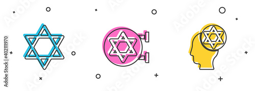Set Star of David, Jewish synagogue and Orthodox jewish hat icon. Vector.