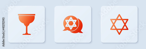 Set Star of David, Jewish goblet and . White square button. Vector.