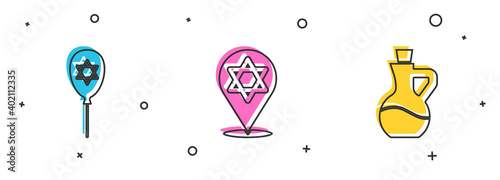 Set Balloon with star of david, Star David and Bottle olive oil icon. Vector.