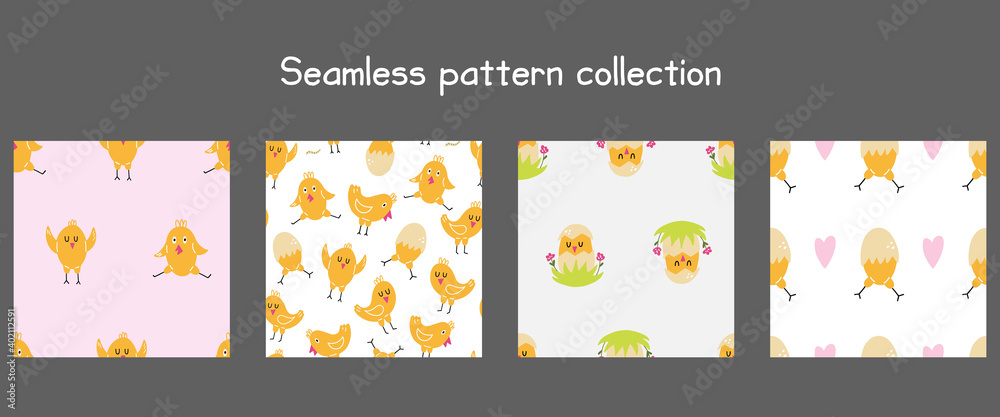 Chick seamless pattern set. Happy yellow baby chicken, doodle baby birds, poultry farm creature collection, cartoon minimalistic decor textile, wrapping paper wallpaper vector texture print and fabric