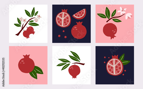 Pomegranate poster set. Exotic tropical red fresh fruit, whole juicy garnet with green leaves and flowers, slice and seeds, vector cartoon minimalistic style isolated illustration