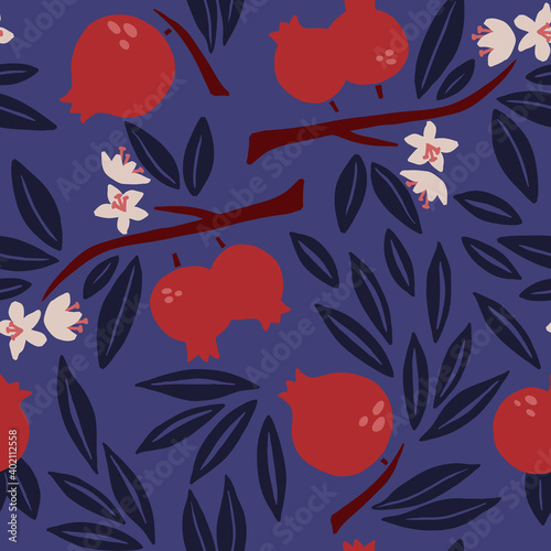 Pomegranate seamless pattern. Exotic tropical red fruit, juicy garnet with blue leaves and flowers, vector cartoon minimalistic isolated texture, textile, wrapping paper, wallpaper and fabric