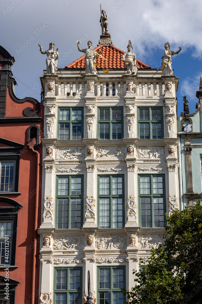  The facade of the restored Gdansk patrician house in the Long Market. Pomerania, Poland