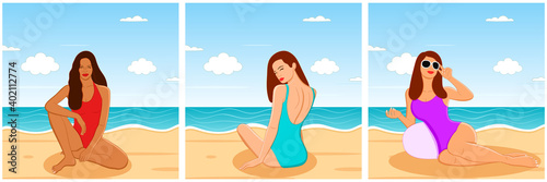 Set of sexy young women in swimsuit sitting, lying down and chilling on the beach. Colorful cartoon vector illustration