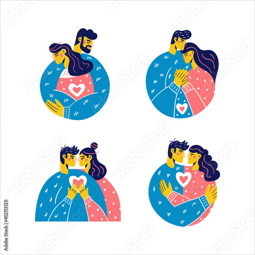 Cute trendy people in love. Romantic set of relationship. Wedding and love story card. Happy Valentines day. Modern couple hugging and dating. Vector illustration. Hand drawn poster. 