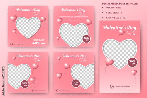 Set of the editable banner template. Valentine's day sale banner design. Pink background with balloon illustration. Suitable for social media, banners, and web ads. Vector design with a photo collage.