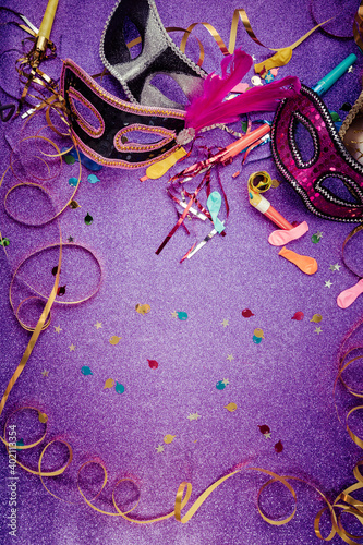 Carnival Mask, Streamers And Confetti For Festive Background