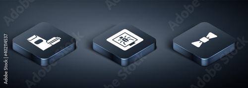 Set Isometric Burger, Bow tie and Insects in a frame icon. Vector.