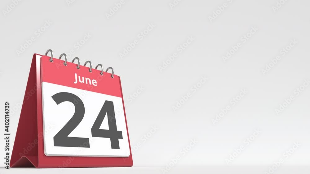 June 24 date on the flip desk calendar page, blank space for user text, 3d animation June 24 date on the flip desk calendar page, blank space for user text, 3d animation