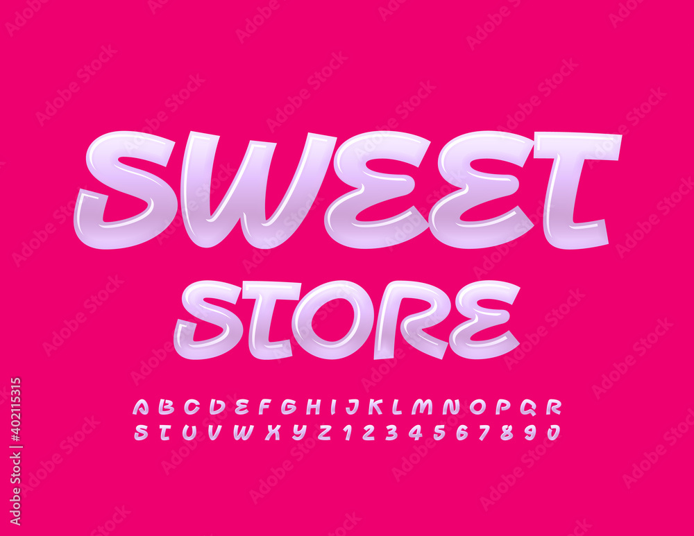 Vector creative sign Sweet Store. Candy Glossy Font. Shiny artistic Alphabet Letters and Numbers set