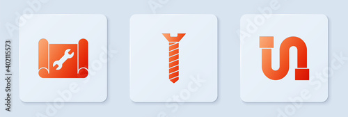 Set Metallic screw, Graphing paper and wrench and Industry pipe. White square button. Vector.