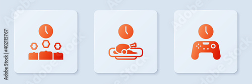 Set Food time, Time Management and Gamepad of. White square button. Vector.