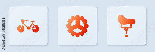 Set Bicycle sprocket crank, and seat. White square button. Vector.