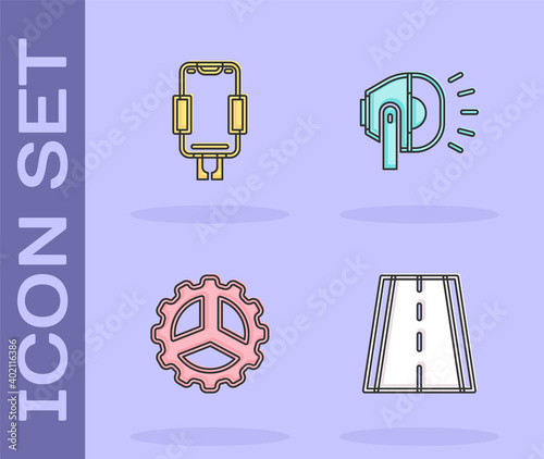 Set Bicycle lane, Mobile holder, sprocket crank and head lamp icon. Vector.