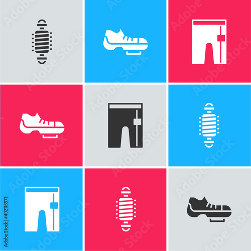 Set Bicycle suspension, shoes and Cycling shorts icon. Vector.