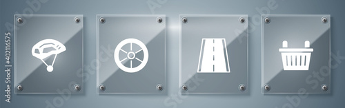 Set Bicycle basket, lane, wheel and helmet. Square glass panels. Vector.
