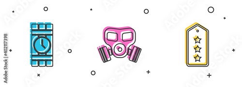 Set Dynamite and timer clock, Gas mask and Military rank icon. Vector.