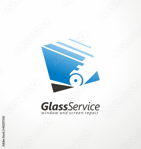 Logo design for glass service business with glass cutter in negative space. Vector symbol. Squared icon idea.