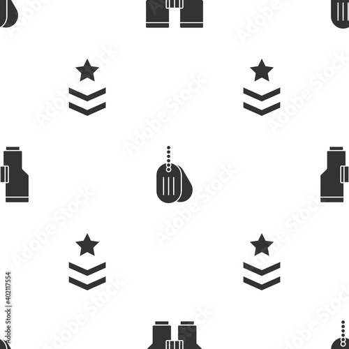 Set Binoculars, Military dog tag and rank on seamless pattern. Vector.
