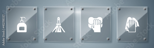 Set Cleaning service, , Handle broom and Bottle of liquid soap. Square glass panels. Vector.