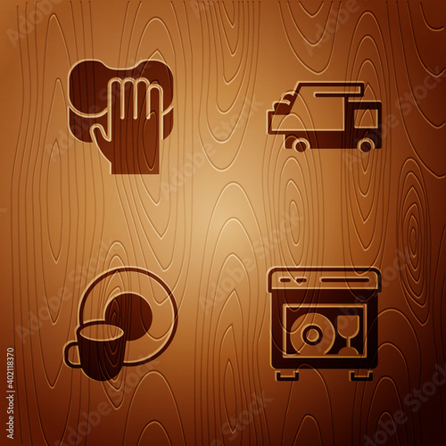 Set Dishwasher machine, Cleaning service, Washing dishes and Garbage truck on wooden background. Vector.
