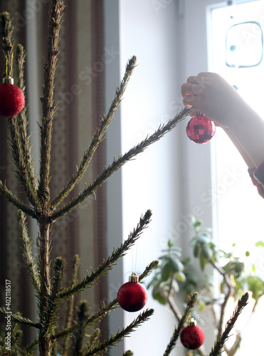 process of decorating christmas tree at home