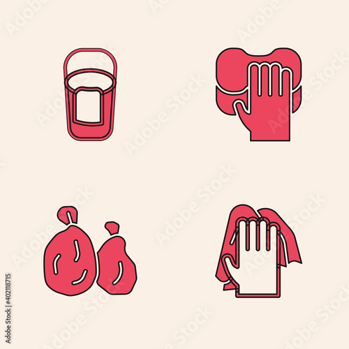 Set Cleaning service, Bucket with rag, and Garbage bag icon. Vector.