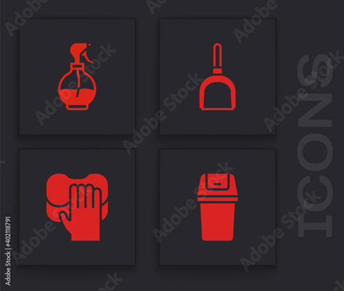Set Trash can, Water spray bottle, Dustpan and Cleaning service icon. Vector.