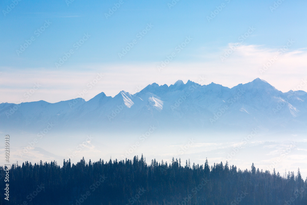 View of the Tatra Mountains, winter landcape,  Gorce National Park, Poland