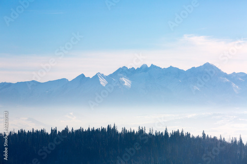 View of the Tatra Mountains, winter landcape, Gorce National Park, Poland