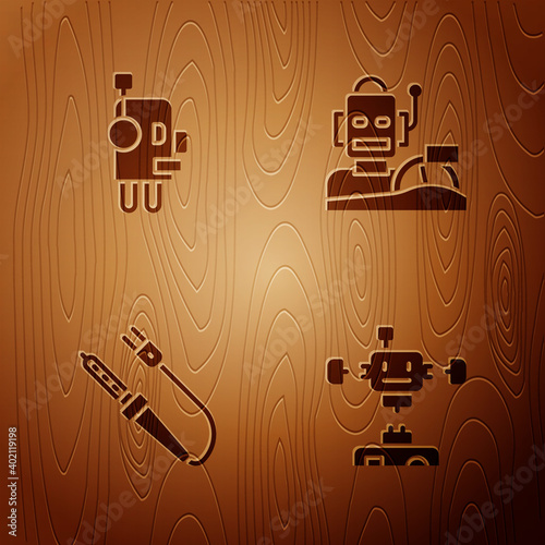 Set Disassembled robot, Robot, Soldering iron and humanoid driving car on wooden background. Vector.