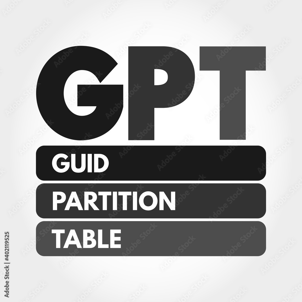 GPT - GUID Partition Table acronym, technology concept background