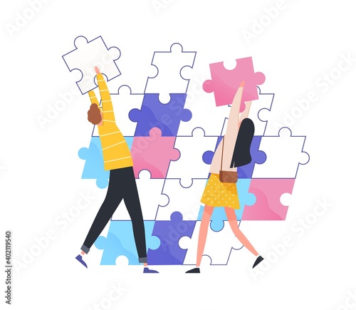 Man and woman assembling jigsaw puzzle vector flat illustration. Couple collaboration working on relationship or business problems solution together isolated on white. Concept of teamwork, support