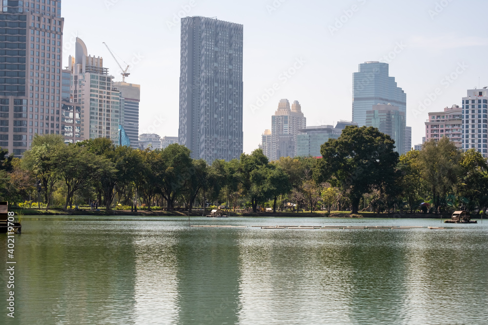 View of city from public park on day with tree, lake and building View of city from public park on day with tree, lake and building