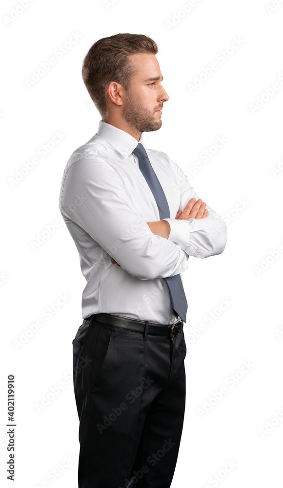Businessman in white shirt and tie standing isolated over white background, arms crossed. Caucasian manager profile shot, hands crossed Businessman in white shirt and tie standing isolated over white background, arms crossed. Caucasian manager profile shot, hands crossed