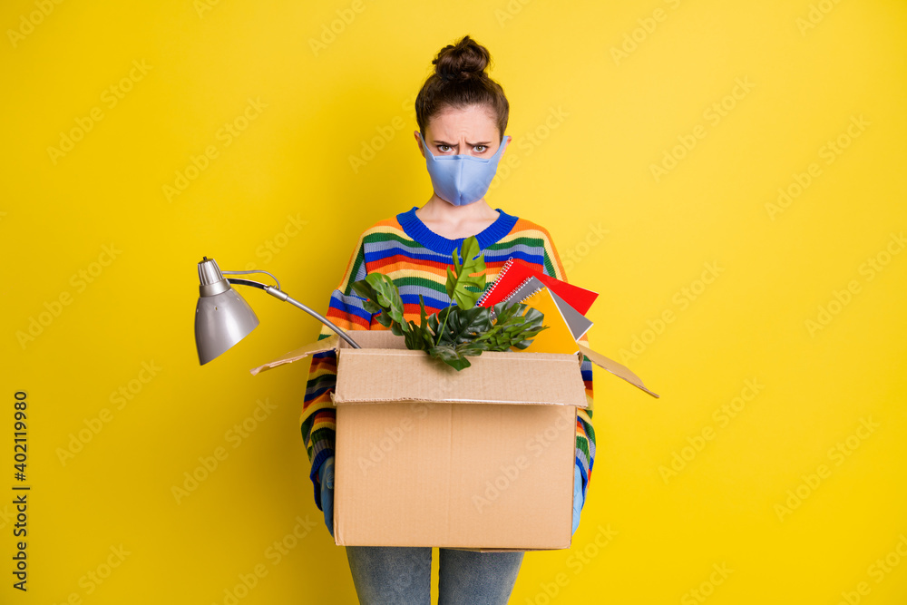 Photo of girl hold box got fired wear blue mask gloves from corona rainbow sweater pants isolated on bright yellow color background - obrazy, fototapety, plakaty 