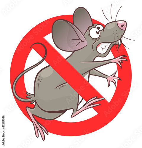 Anti mouse sign. Anti rodent sign with a funny cartoon mouse. Cartoon pest mouse series.