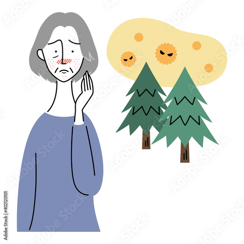 花粉で肌が荒れているシニア女性