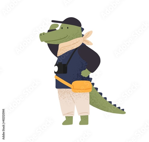 Cute crocodile tourist observing, enjoy travel or vacation vector flat illustration. Funny wild animal with camera admiring sight during adventure trip isolated. Happy traveler character