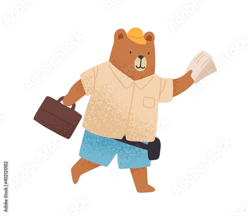 Cute tourist bear hurrying with map or ticket and luggage vector flat illustration. Funny wild animal rushing, carrying baggage isolated on white. Childish character going to travel or vacation