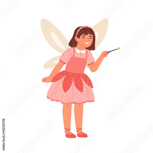 Happy girl in pixie or fairy costume with decorative wings and magic wand vector flat illustration. Cute female kid wearing festive apparel isolated. Child dressed for carnival or masquerade party