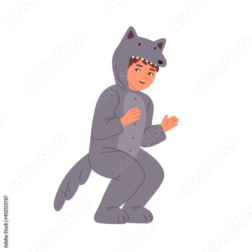Funny little boy wearing wolf costume at childish carnival or theme party vec...