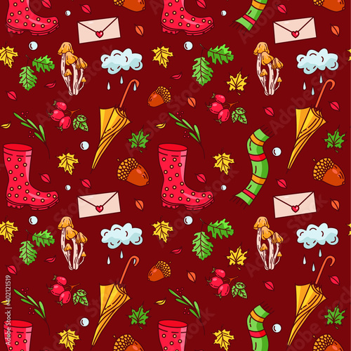 Autumn seamless pattern. Rubber boots, cloud, leaves, rain, rosehip, envelope, acorn, mushrooms, scarf. Great for wallpaper, gift paper, fabric, wrapping paper, surface design.