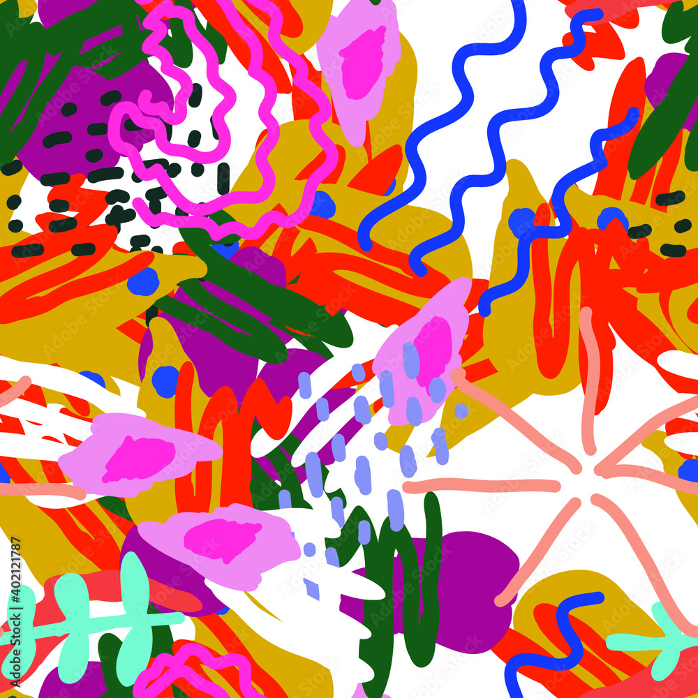 Fototapeta premium Pink and Yellow Artwork Paint Vector Seamless Pattern. Artistic Drawing Collage. Motley Style Illustration. Creative Shape Print.