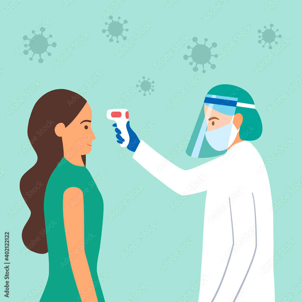 Measuring the temperature of a woman with medical digital infrared thermometer in front view. Covid-19 coronavirus epidemic outbreak. Covid-19 thermo scan checkpoint concept vector illustration.