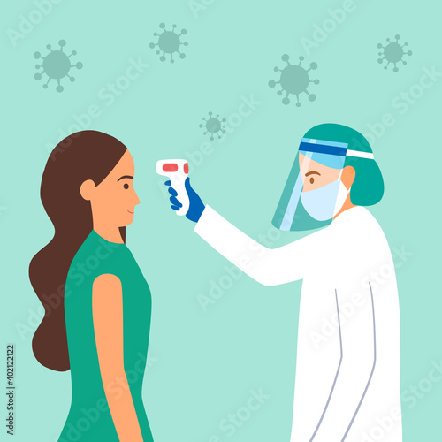 Measuring the temperature of a woman with medical digital infrared thermometer in front view. Covid-19 coronavirus epidemic outbreak. Covid-19 thermo scan checkpoint concept vector illustration.