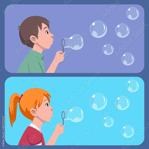 Vector Illustration, Kids Boy and Girl Playing Bubble from Side