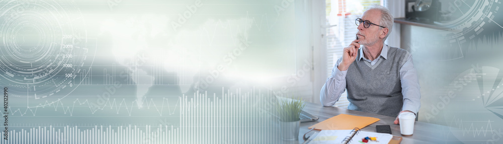 Pensive senior businessman; panoramic banner Pensive senior businessman; panoramic banner