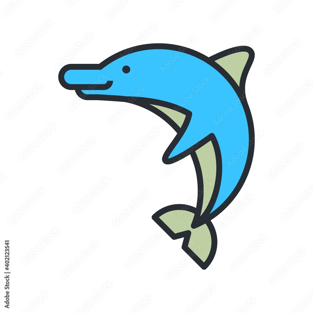 Dolphin icon in flat style. Aqua park concept, marine mammal icon.